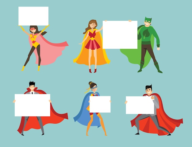 illustration of superheros holding white banner in flat style