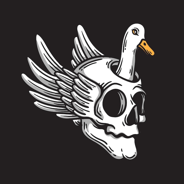 Illustration of a swan trapped in a skull on black background