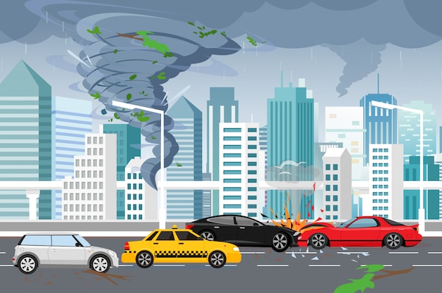  illustration of swirling tornado and flood, thunderstorm in big modern city with skyscrapers. Hurricane in city, car crash, danger concept in flat style.