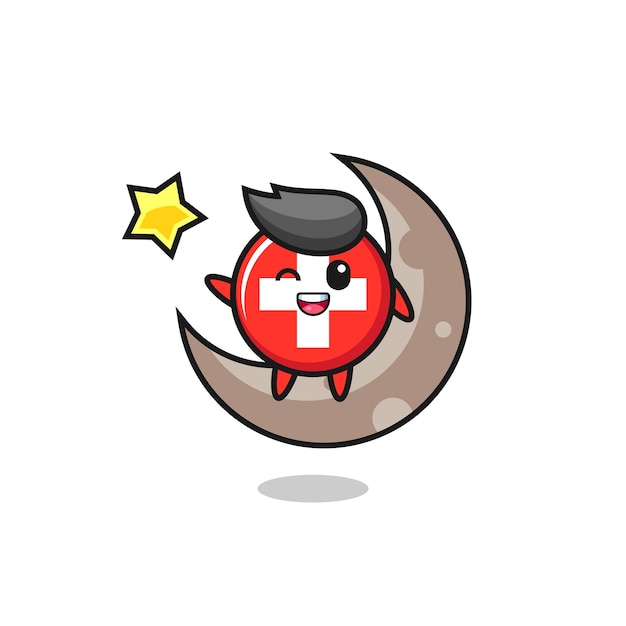 Illustration of switzerland flag badge cartoon sitting on the half moon