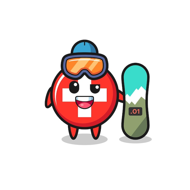 Illustration of switzerland flag badge character with snowboarding style , cute style design for t shirt, sticker, logo element