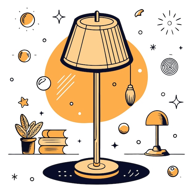 Vector illustration of a tall lamp with a lampshade a potted plant and books