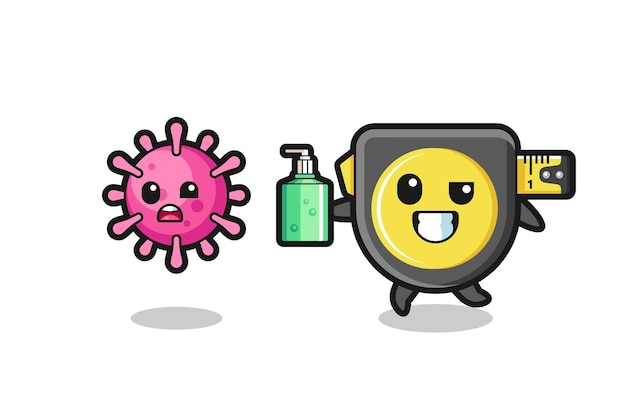 Illustration of tape measure character chasing evil virus with hand sanitizer