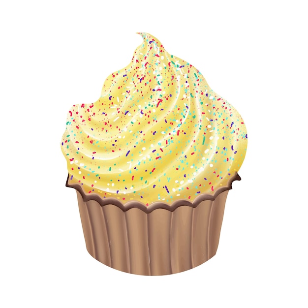 illustration of tasty cupcake with yellow cream isolated on white background. Vector illustration