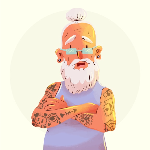 Illustration of tattooed old person