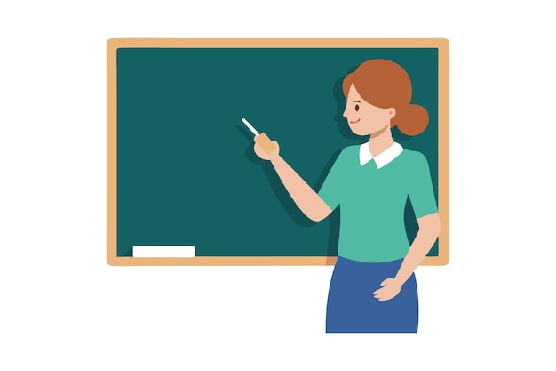 Illustration of a teacher pointing at a chalkboard in a classroom setting