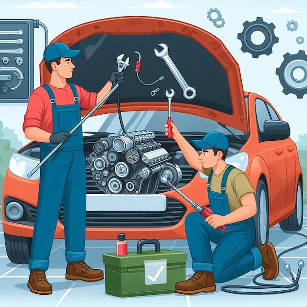 Illustration of a technician repairing a vehicle engine