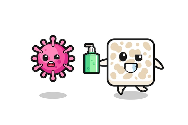 Illustration of tempeh character chasing evil virus with hand sanitizer