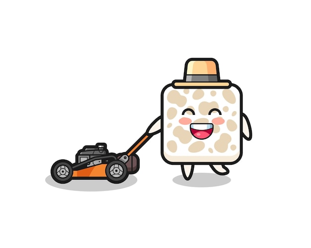 Illustration of the tempeh character using lawn mower