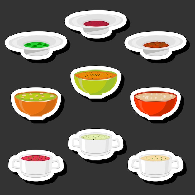 Vector illustration on theme big set various types beautiful tasty edible hot homemade soups