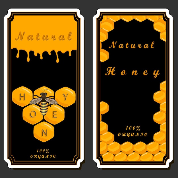 Vector illustration on theme for label of sugary flowing down honey in honeycomb with bee