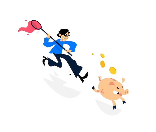 Illustration of a thief running after a piggy bank with a net