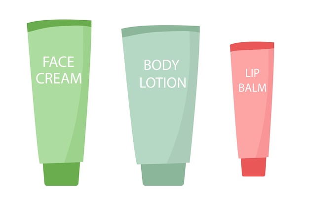 Vector illustration of three cosmetic tubes labeled face cream body lotion lip balm