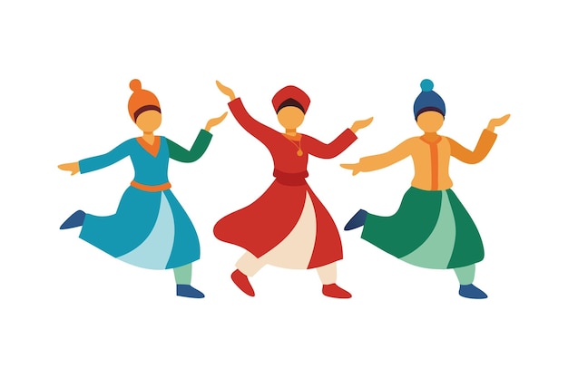 Vector illustration of three dancers in traditional folk costumes performing a dance routine with vibrant color outfits