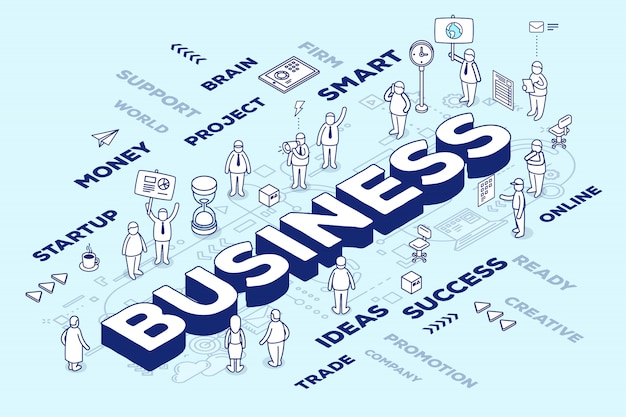  illustration of three dimensional word business with people and tags on blue background with scheme.