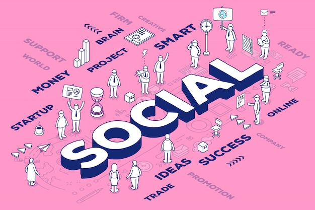  illustration of three dimensional word social with people and tags on pink background with scheme.