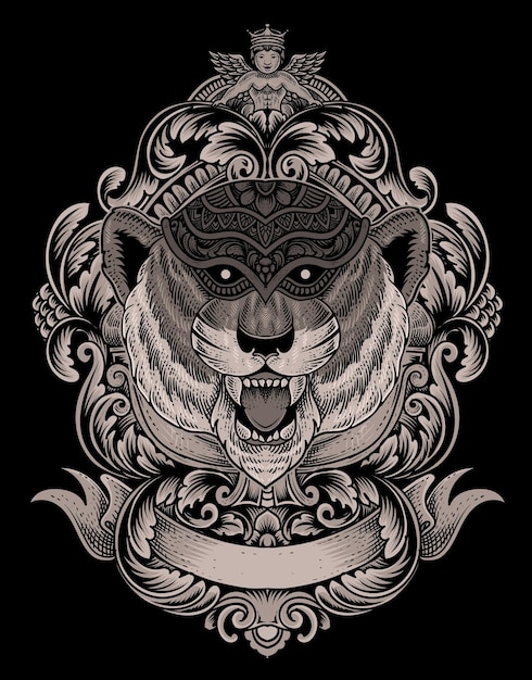 Illustration tiger head with antique engraving ornament style