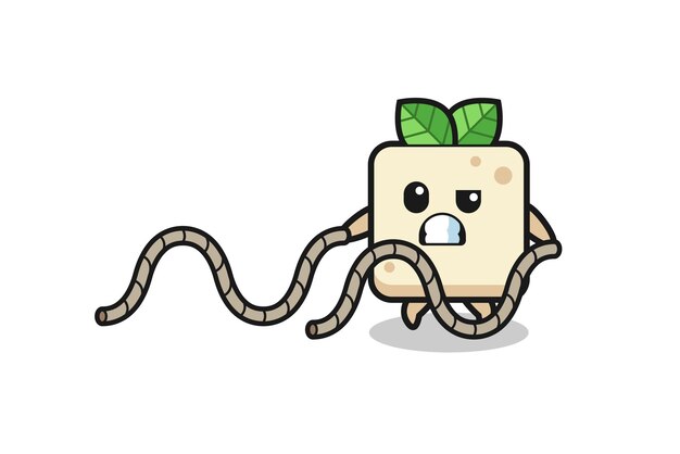 Illustration of tofu doing battle rope workout , cute design