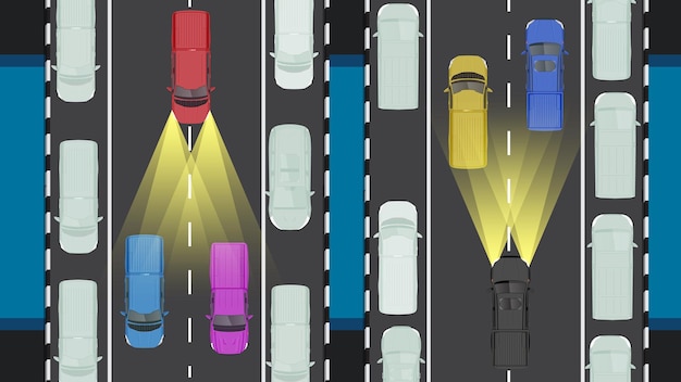 illustration top view flat color of car vehicle high end sensor radar autonomous system technology AI