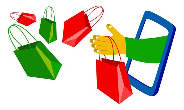 Illustration on the topic of online shopping and delivery From the phone screen gift paper bags