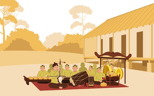 Vector illustration of traditional javanese karawitan performance in the village illustration vector