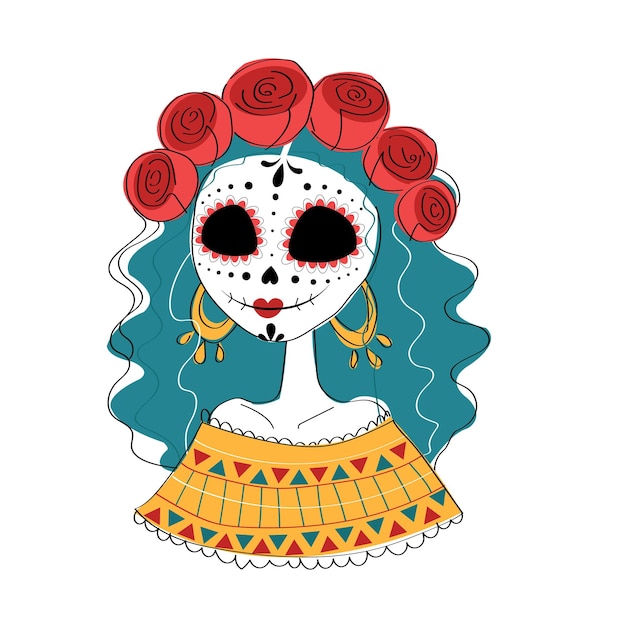 An illustration of a traditional Mexican woman with a sugar skull makeup