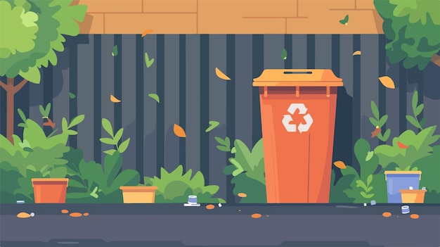 Vector an illustration of a trash can with a green plant in the corner