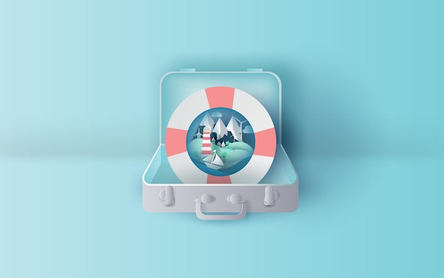 Illustration travel holiday with swim ring in suitcase conceptGraphic design for summer season