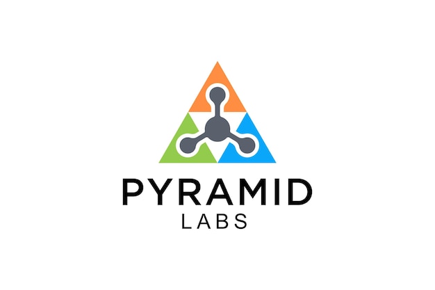 Illustration triangle labs logo design with molecules inside a pyramid sign.