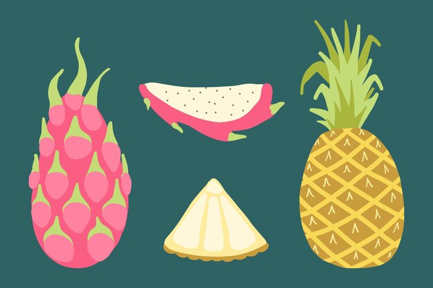 Vector illustration of tropical fruits including pineapple dragon fruit pitaya slice and lime slice vibrant colorful and fresh perfect for themes of healthy eating summer and exotic foods