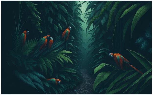 Vector illustration of a tropical rainforest with parrots