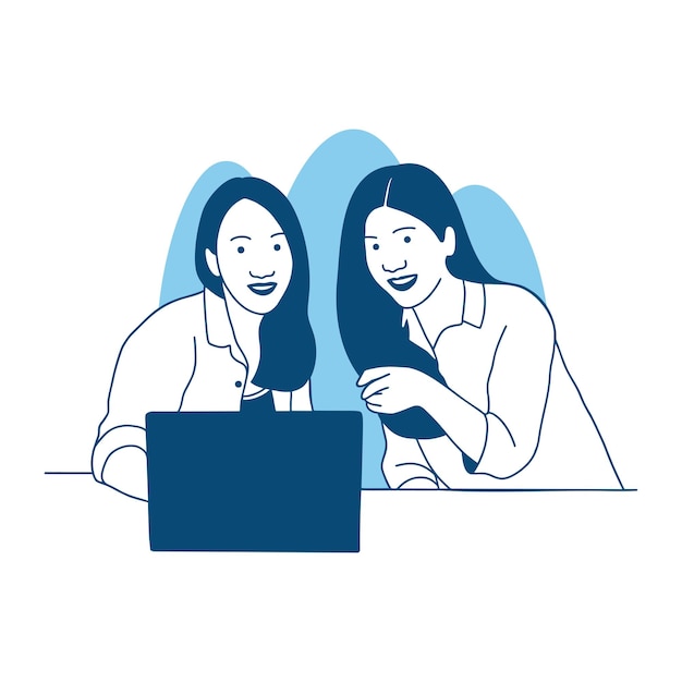 illustration Two Beautiful young women sitting at the table using a laptop work from home