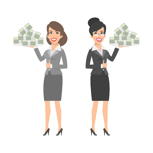 Illustration, two businesswomen holding tray with money, format EPS 10