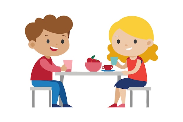 Vector illustration of two children sitting at a table and enjoying drinks together