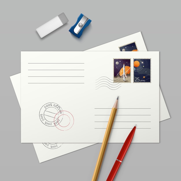 illustration of two envelopes with postage stamps and stationery pen pensil eraser and sharpener