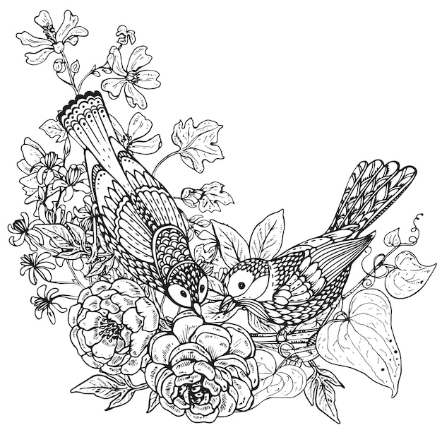 illustration of two hand drawn graphic birds and peony flowers bouquet and other plants