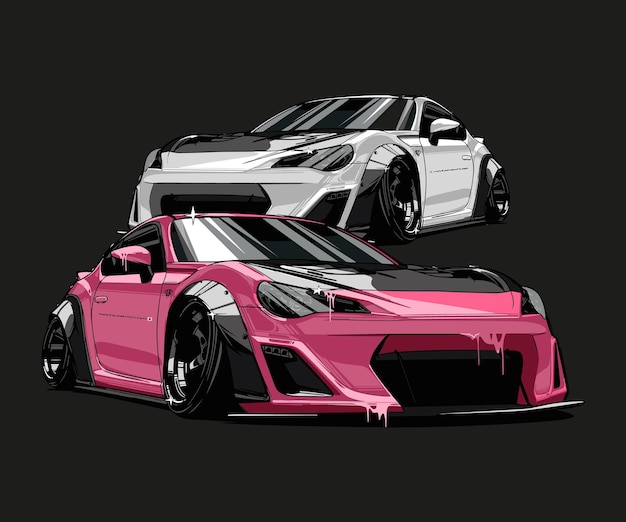 Illustration of two Japanese high performance cars with body kits and custom wheels