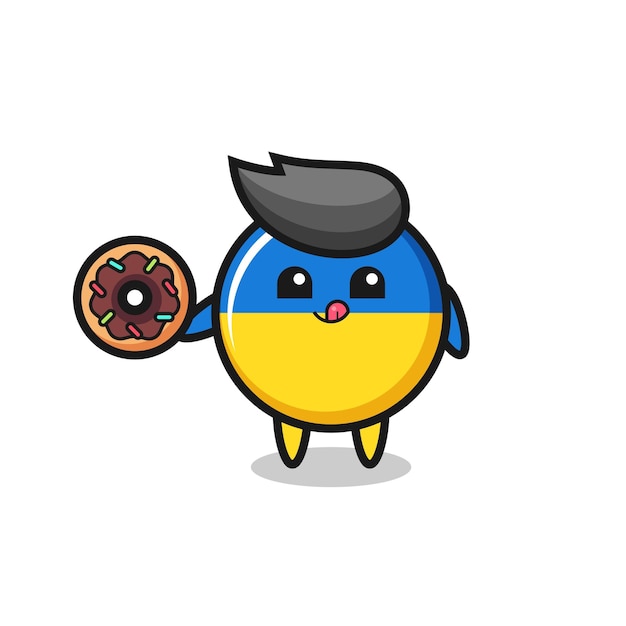 Illustration of an ukraine flag badge character eating a doughnut