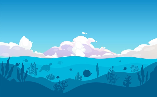 Illustration of underwater surface with sky big cloud fauna coral reef seaweed algae plants fishes Silhouette ocean surface