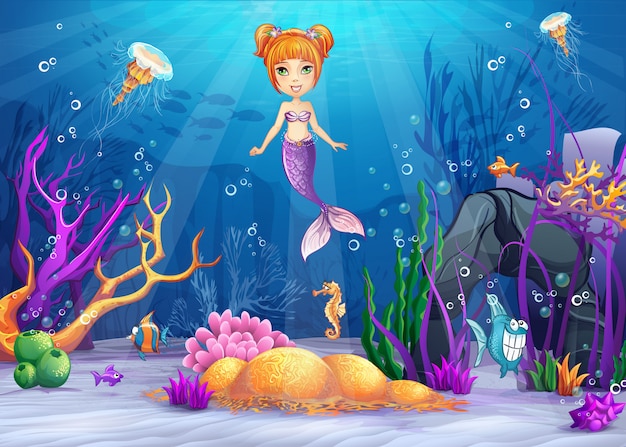 Illustration of the underwater world with a funny fish and a mermaid.