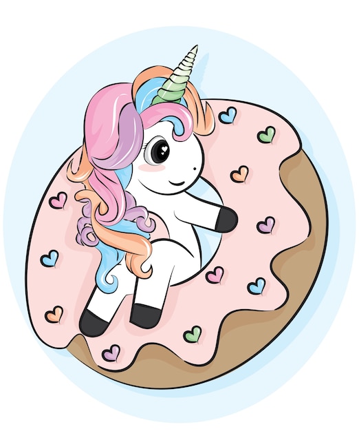 Illustration of Unicorn cartoon with donuts