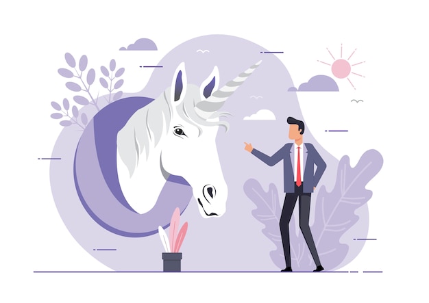 An illustration of Unicorn symbol of success. Business startup concept. Businessman looking at Unicorn head. Achievement and Leadership