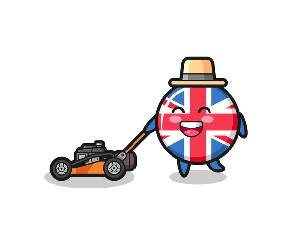 Vector illustration of the united kingdom flag badge character using lawn mower