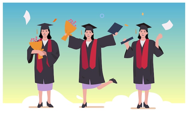 Illustration of university graduation students celebrate the end of academy