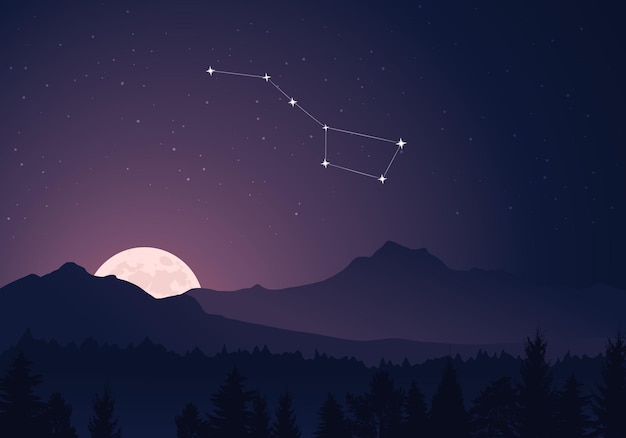 Illustration of Ursa Major constellation on the background of starry sky and night mountain landscap