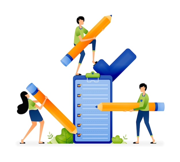 Illustration of users filling out polls exams or surveys to provide feedback and opinion to service providers Designed for website landing page flyer banner apps brochure startup media company