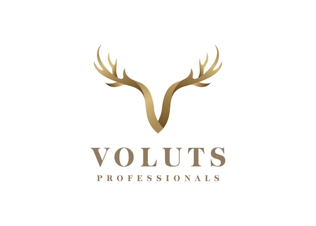 Vector illustration of a v sign shaped like a deer's head with beautiful golden horns logo design