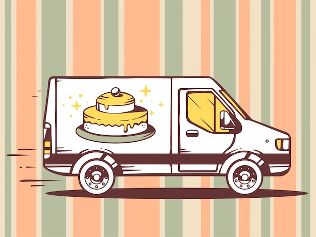 illustration of van free and fast delivering cake to customer on pattern background.