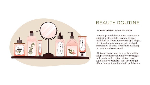 Illustration of vanity table with natural organic cosmetic in bottle, jar with mirror for landing.