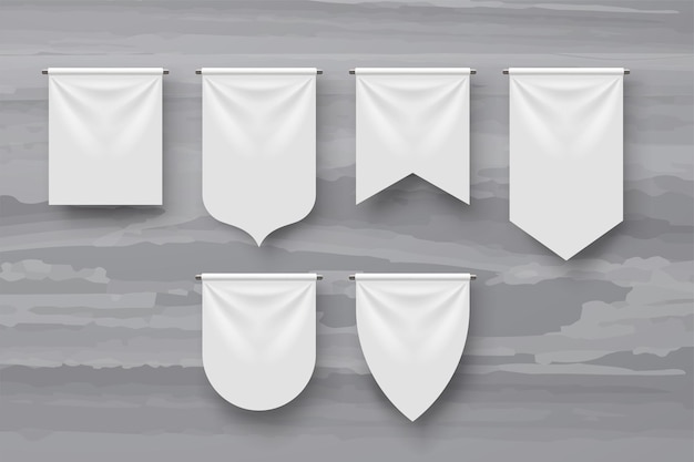 Illustration of various shapes white pennants with realistic shadows on gray marble